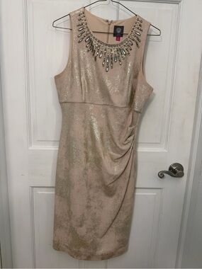 Vince Camuto Embellished Neckline Nude& Gold Sheath Dress